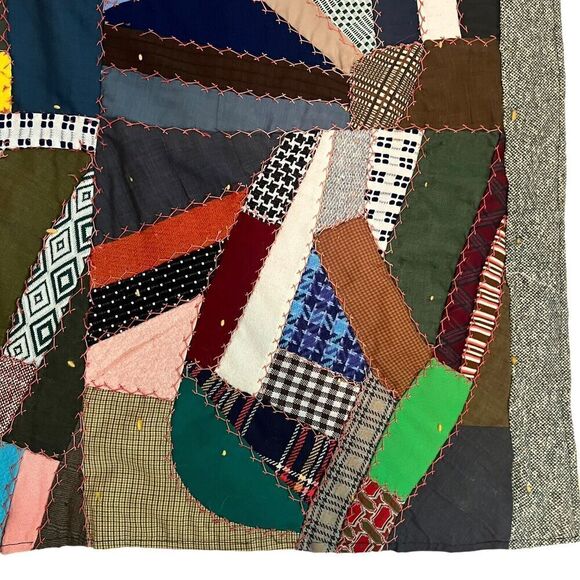Vintage Handmade Crazy Quilt Patchwork Throw Mixed Fabrics Embroidered 1950s–70s - Picture 3 of 14